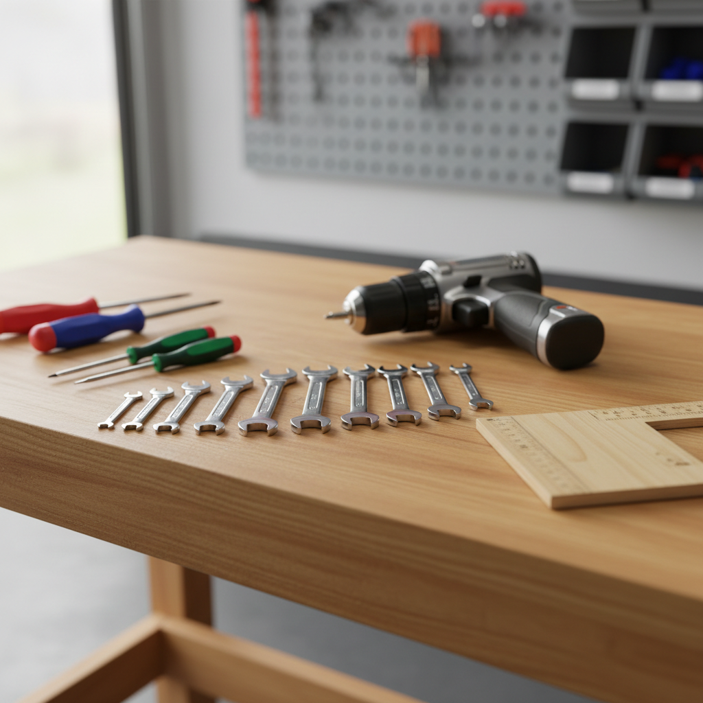 A neatly organized wooden workbench in a bright garage workshop, covered with a curated selection of clean, modern hand tools: chrome-finished wrenches, a cordless drill with a brushed metal body, precision screwdrivers with color-coded rubber grips, and a smooth pine measuring square. Each tool is carefully spaced on the bench’s lightly varnished grain. Soft, diffused daylight enters from an unseen side window, creating gentle reflections on the polished metal and subtle shadows between tools. The background shows blurred pegboard with hanging tools and labeled bins. Photographic realism, eye-level composition with a shallow depth of field emphasizes clarity and order. The mood is professional, calm, and ready for a project, perfectly capturing a dependable home improvement workspace.