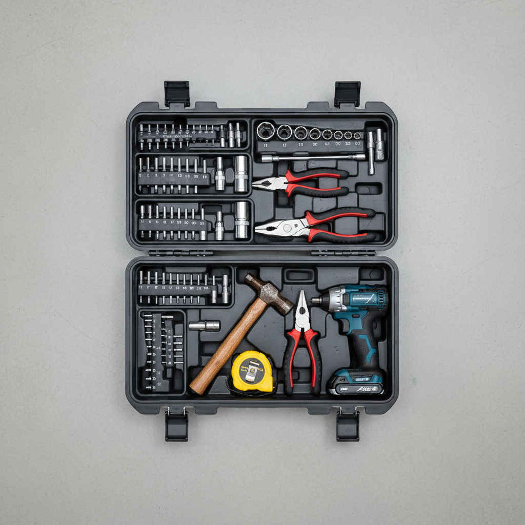A close-up, photographic realism shot of an open, high-quality toolbox made of dark molded plastic with reinforced metal latches, arranged on a light gray concrete floor. Inside, every compartment holds specific DIY essentials: neatly nested socket sets, a hammer with a smooth hickory handle, a bright yellow tape measure, precision pliers with textured grips, and a compact impact driver with a matte black and teal casing. Overhead LED workshop lighting casts even, neutral illumination, revealing fine textures on rubber, metal, and plastic while creating crisp but gentle shadows around each item. The composition is centered and framed from directly above, creating a clean, flat-lay style that feels methodical, professional, and instructional, perfect for a guide to must-have tools for home projects.